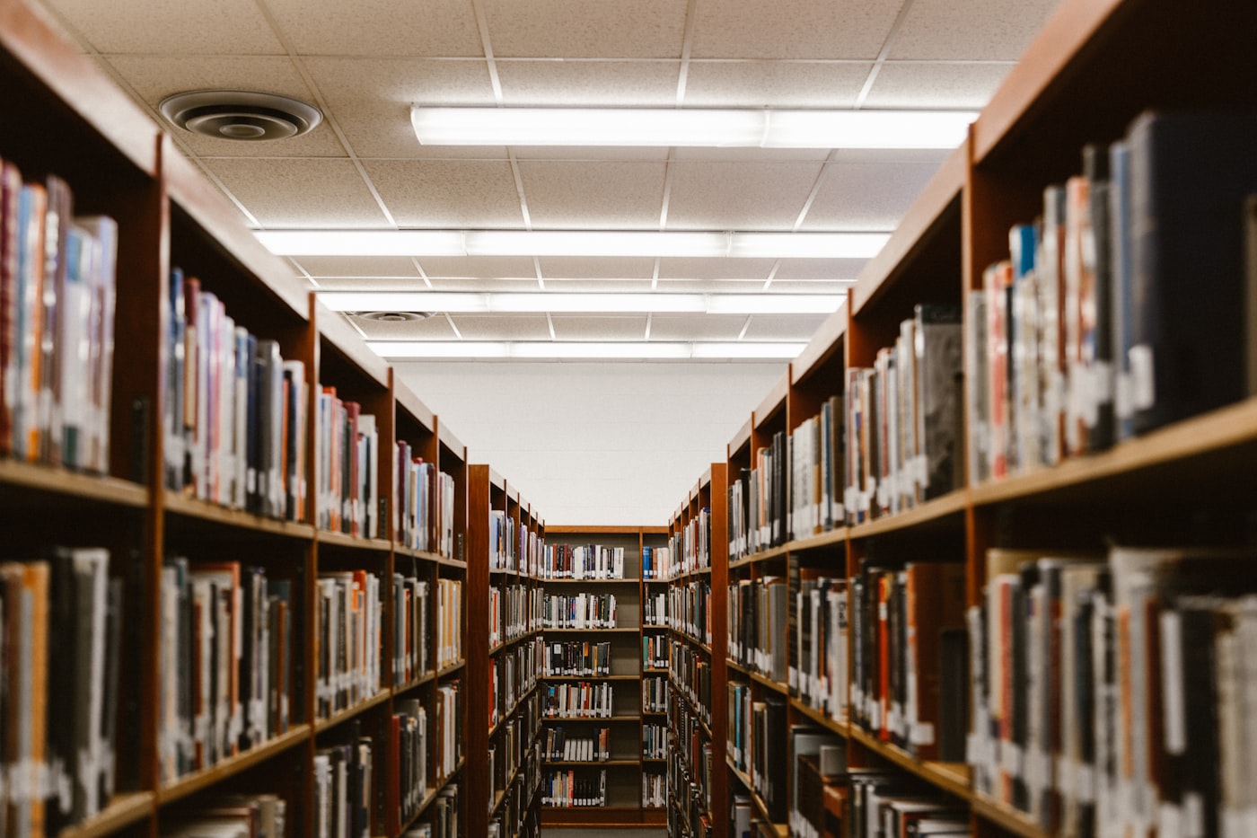 Tall library shelves filled with books