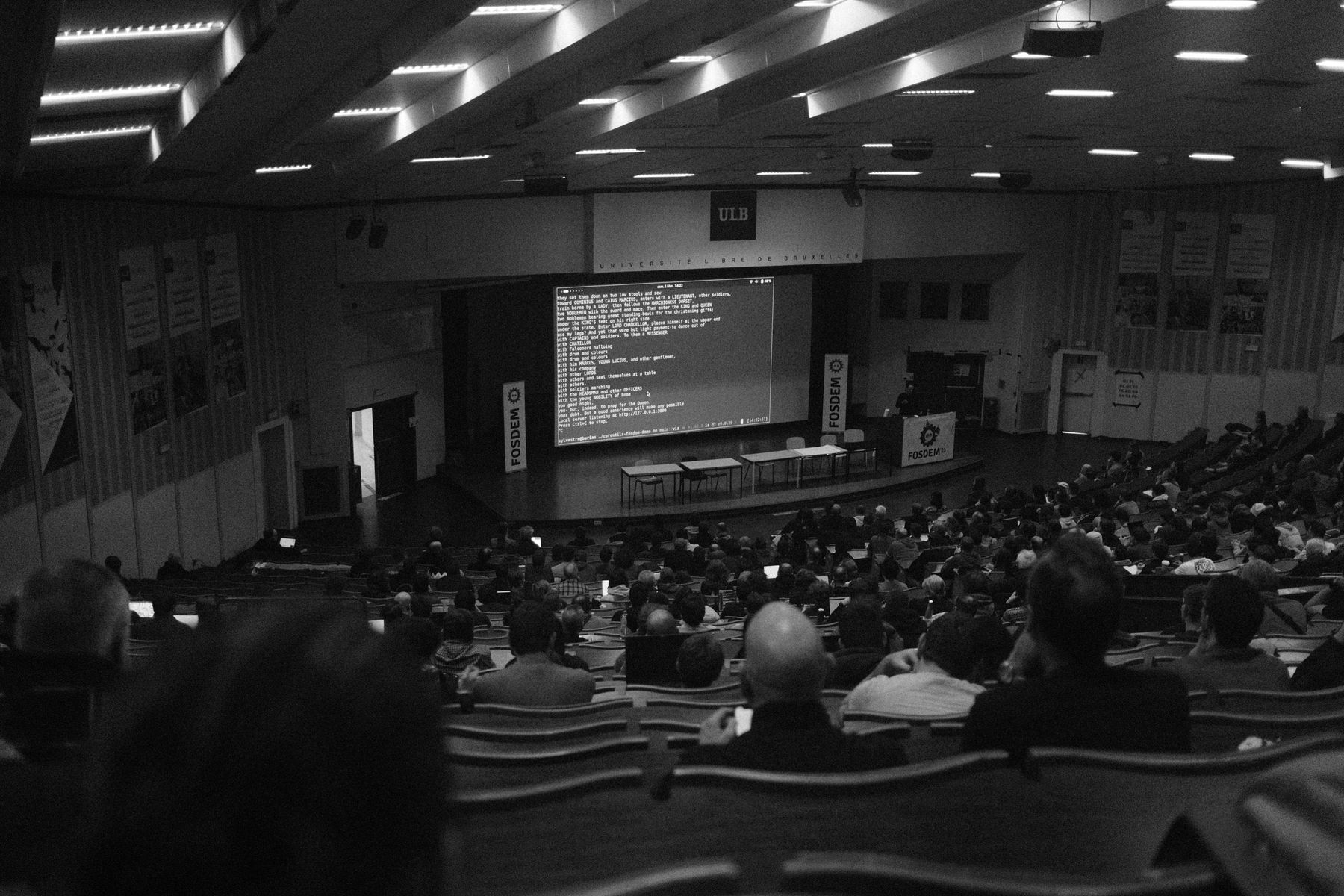 An audience listening to an AI talk in an auditorium