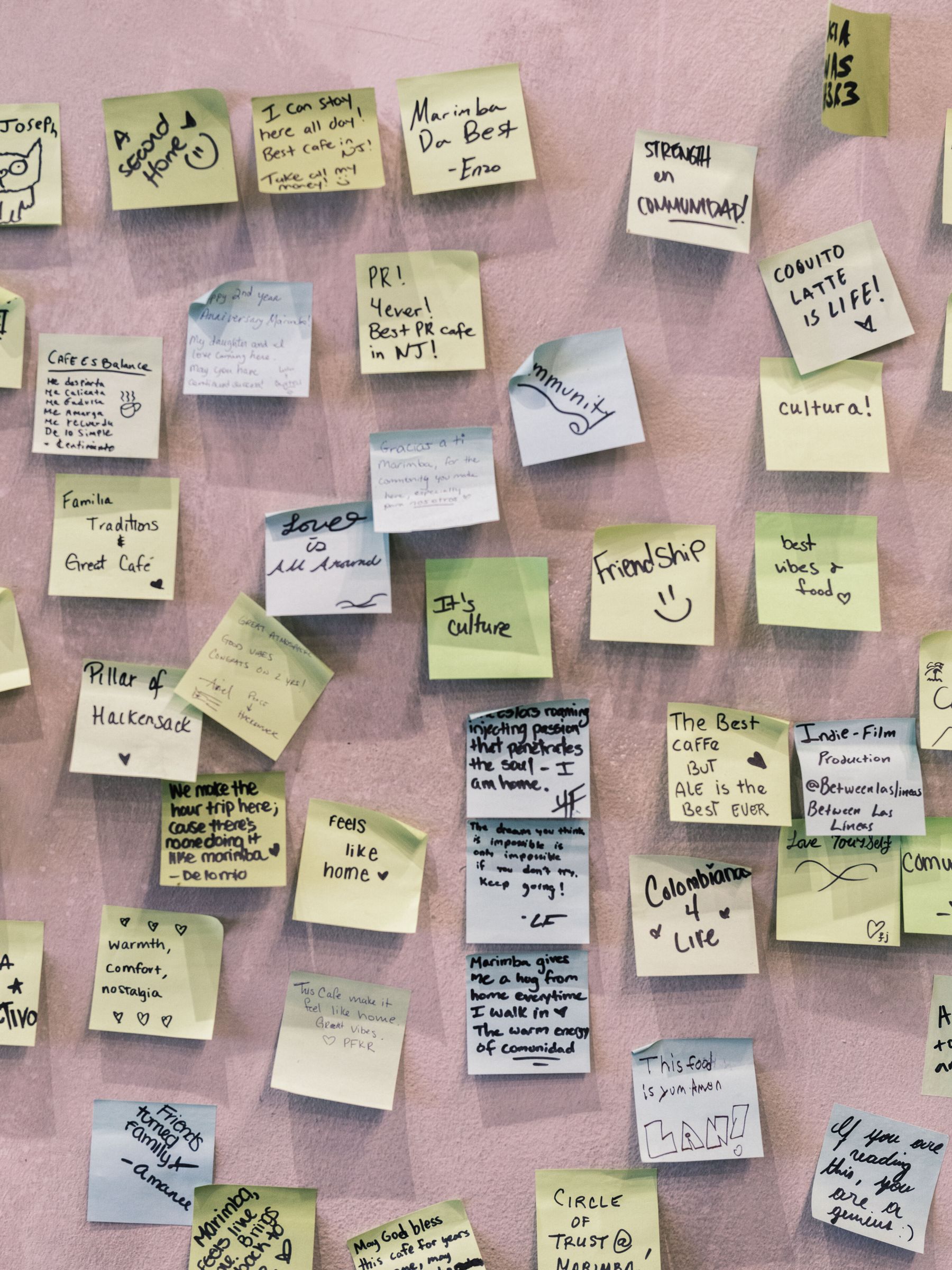 A wall of sticky notes clustered into themes