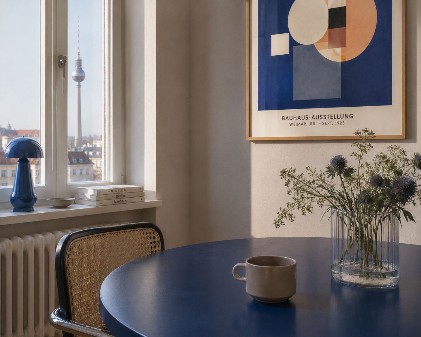 Berlin holiday apartment with a blue dining table and a view of the TV tower