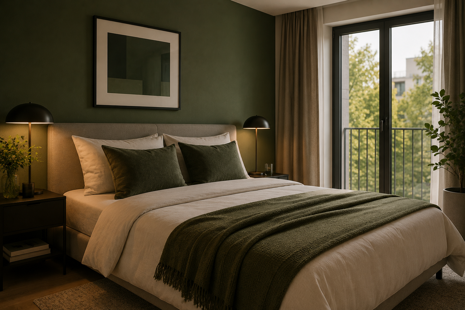 Stylish bedroom with dark green wall, double bed and balcony