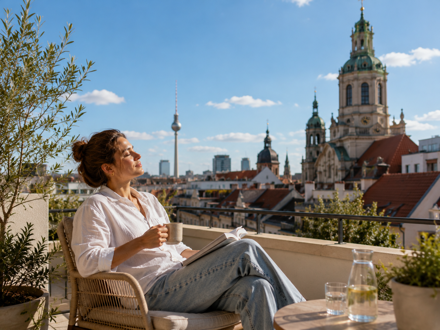 Woman enjoying coffee on a Berlin rooftop terrace with a view of the TV tower