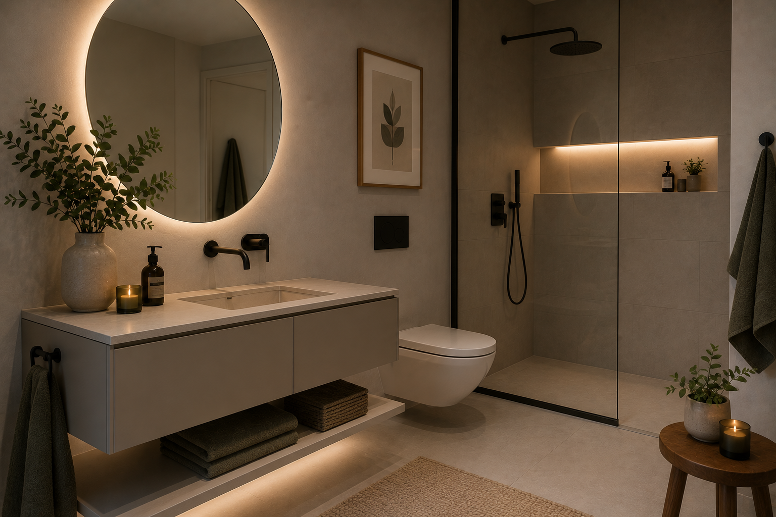 Atmospherically lit bathroom with a round mirror and rain shower
